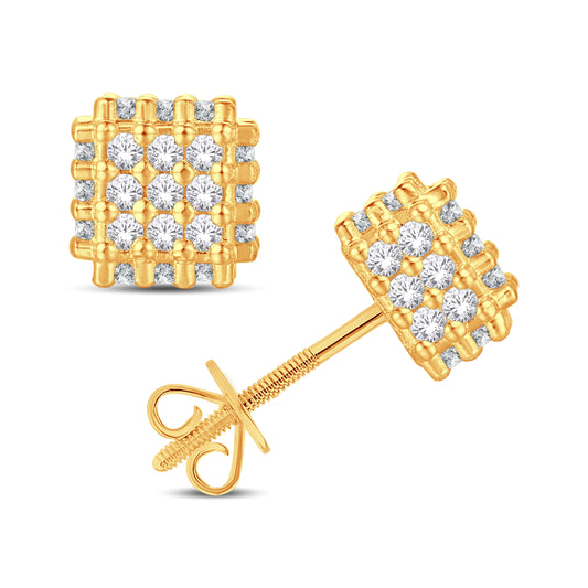 10 Karat All Yellow Gold 1.00 Carat Diamond 3D Cube Square Earrings