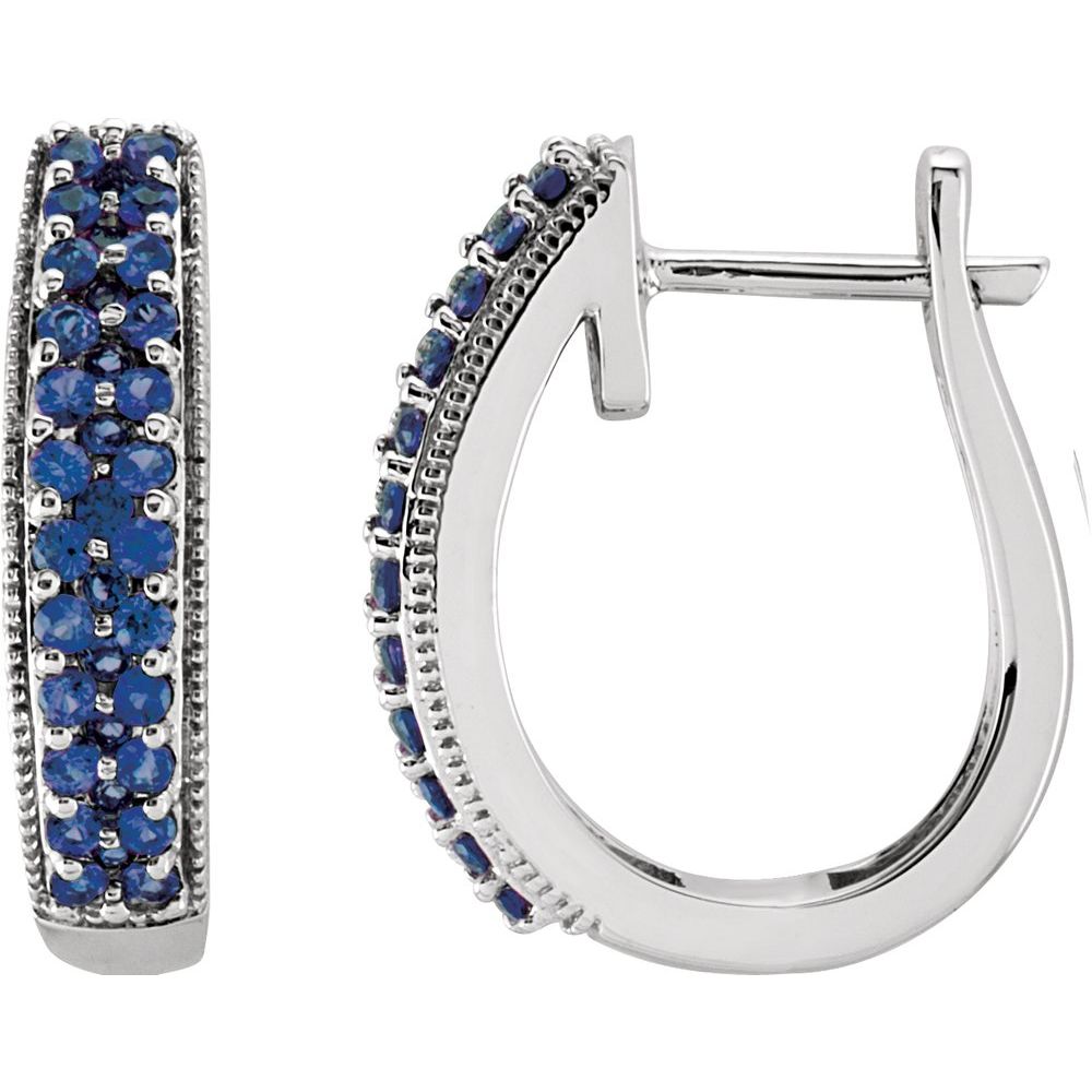 14K White Gold Natural Blue Sapphire Hoop Earrings