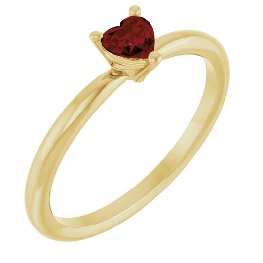 14K Yellow Gold Mozambique Garnet Heart Solitaire Ring - Genuine Gemstone Elegance