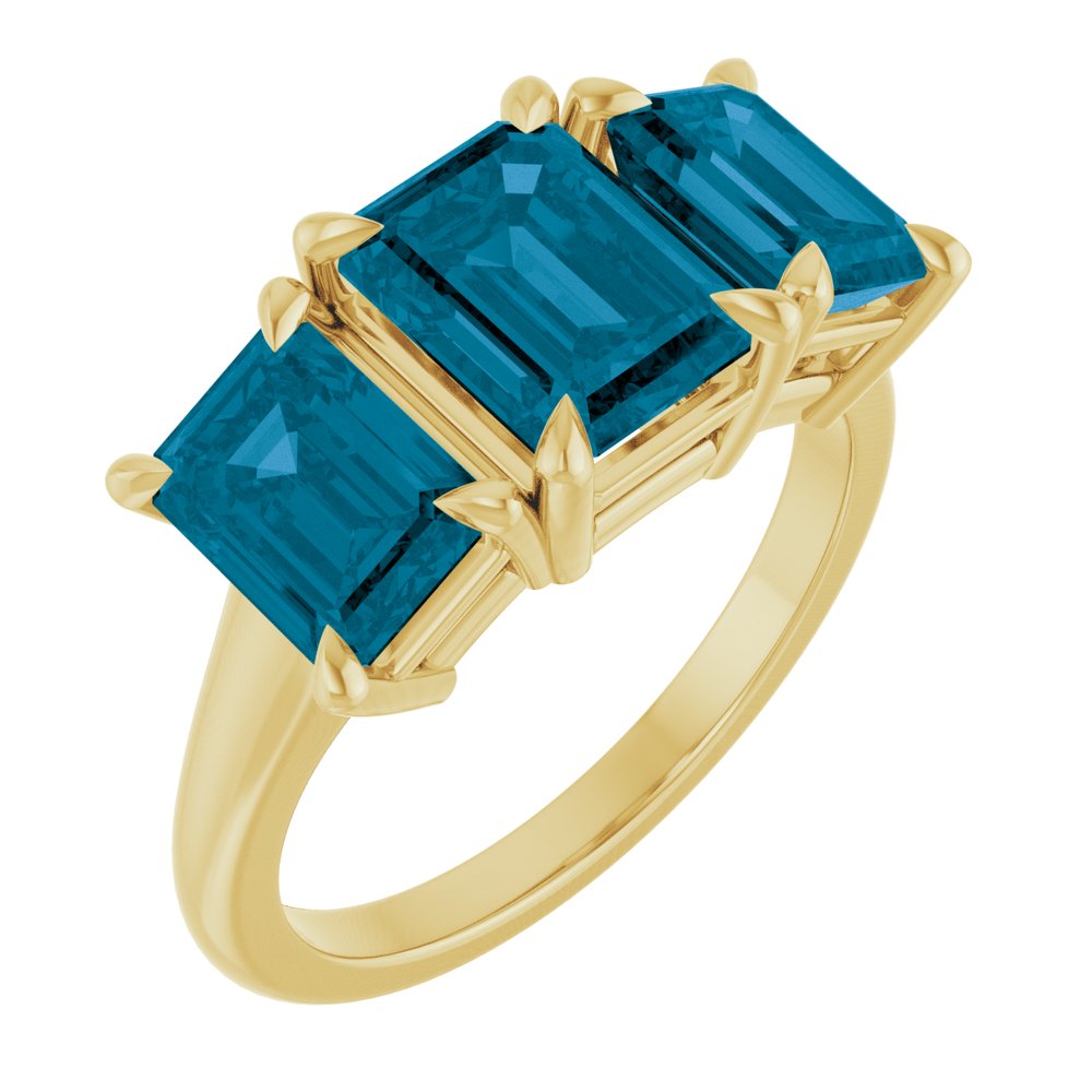 14K Yellow Gold 8x6 mm Emerald & London Blue Topaz Three-Stone Ring - Perfect Holiday Gift