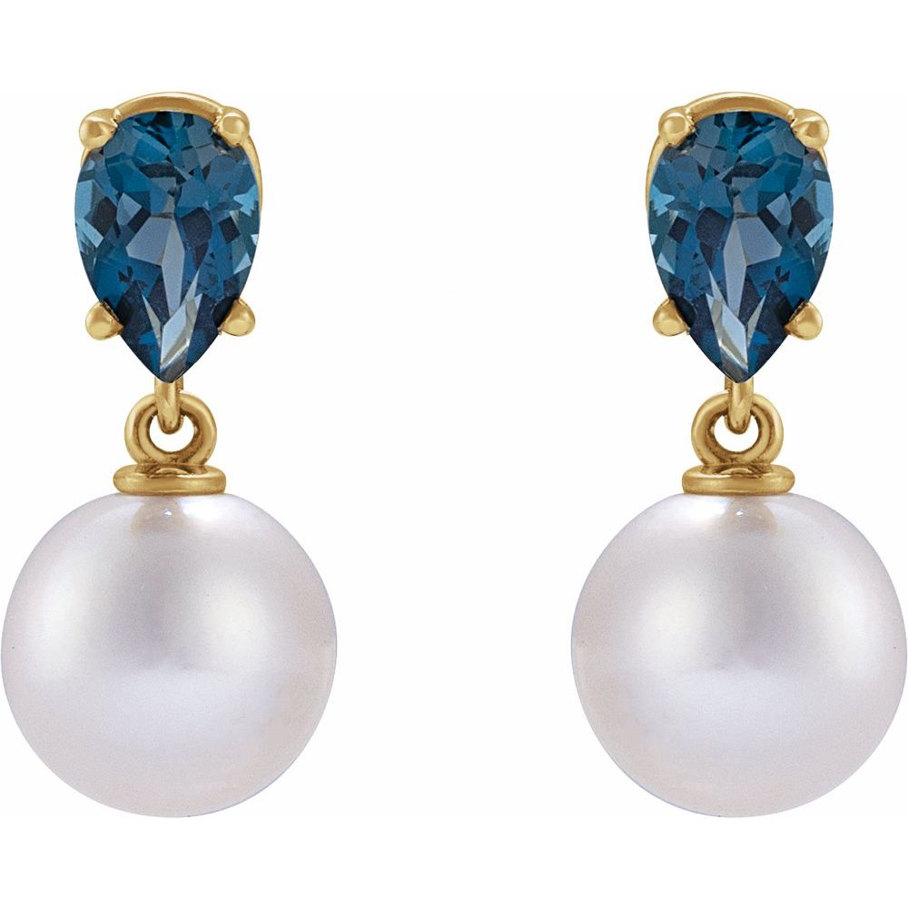 14K Yellow Gold Akoya Pearl & Natural London Blue Topaz Earrings – Classic & Elegant Fine Jewelry