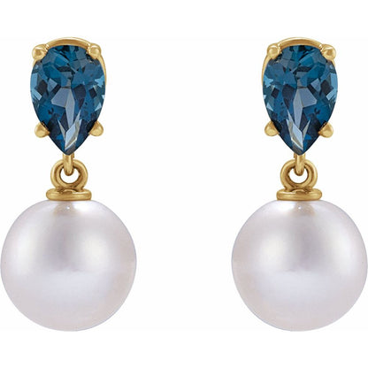 14K Yellow Gold Akoya Pearl & Natural London Blue Topaz Earrings – Classic & Elegant Fine Jewelry