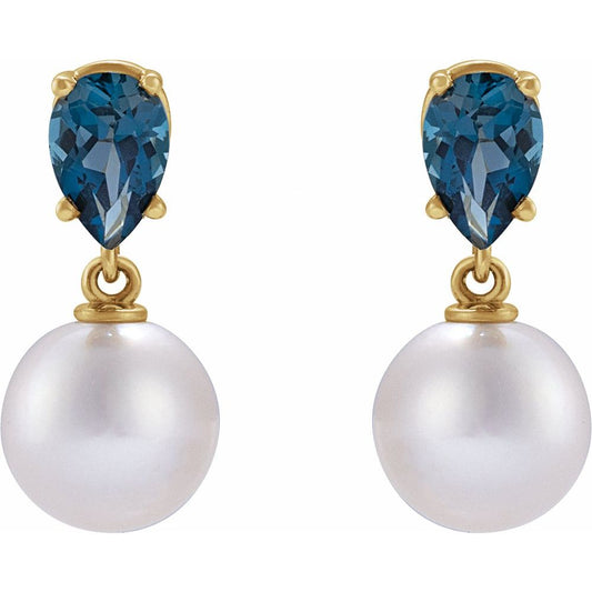 14K Yellow Gold Akoya Pearl & Natural London Blue Topaz Earrings – Classic & Elegant Fine Jewelry