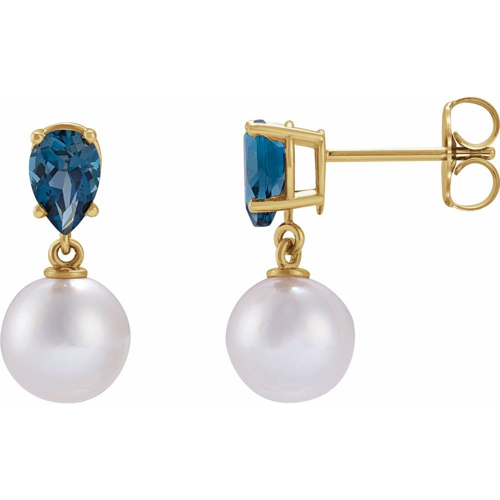 14K Yellow Gold Akoya Pearl & Natural London Blue Topaz Earrings – Classic & Elegant Fine Jewelry