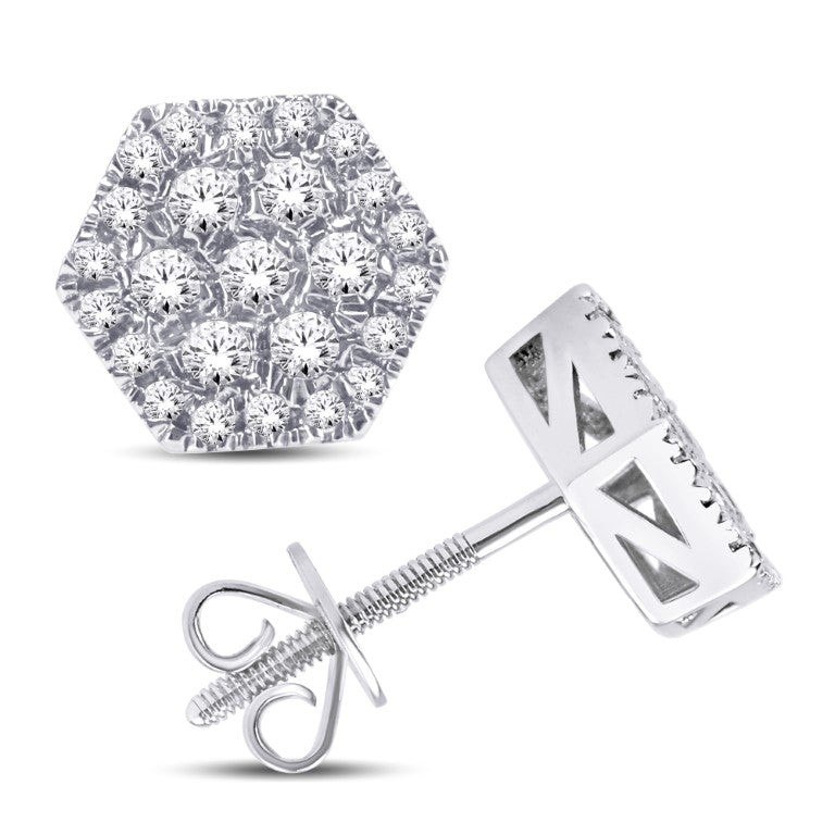 10 Karat White Gold 0.90 Carat Diamond Hexagon Cluster Earrings-0126228-WG
