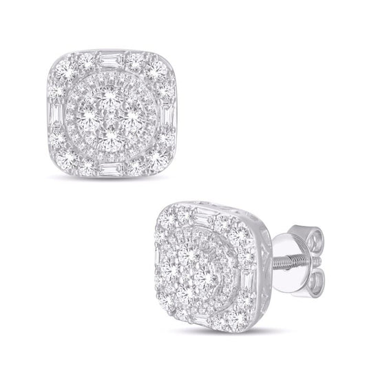 14 Karat White Gold 0.98 Carat Diamond Round and Baguette Diamond Cluster Earrings-0128189-WG