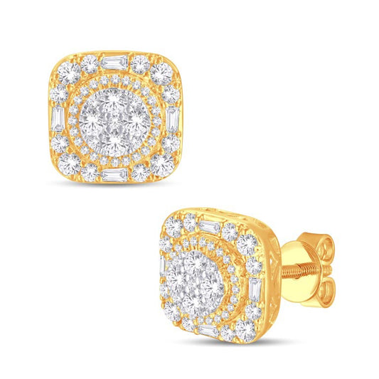 14 Karat Two-Tone (Yellow and White) Gold 0.98 Carat Diamond Round and Baguette Diamond Cluster Earrings-0128189-YW