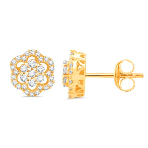 10 Karat All Yellow Gold 0.44 Carat Diamond Flower Earrings