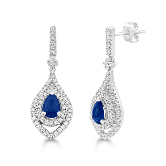 14 Karat White Gold 0.61 Carat Diamond Diamond 0.93 Carat Diamond Sapphire Teardrop Earrings