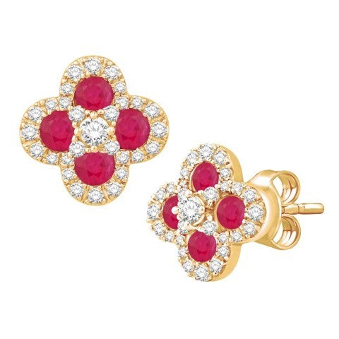 14 Karat Yellow Gold 1.21 Carat Diamond (0.81 Ruby) Flower Earrings