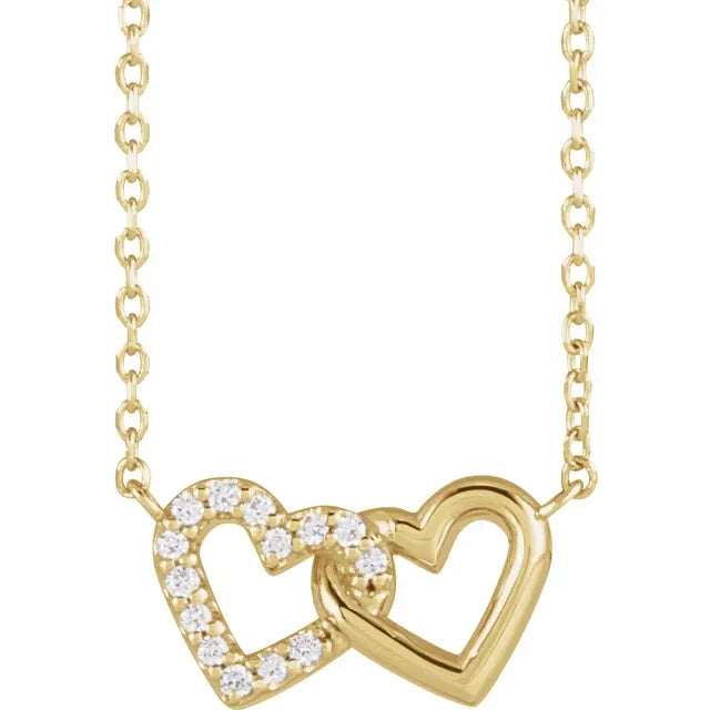 14K Yellow Gold .05 CTW Natural Diamond Petite Double Interlocking Heart 16-18" Necklace